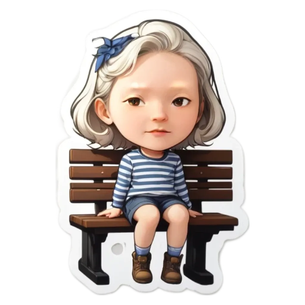A sticker of a girl sitting on a bench.