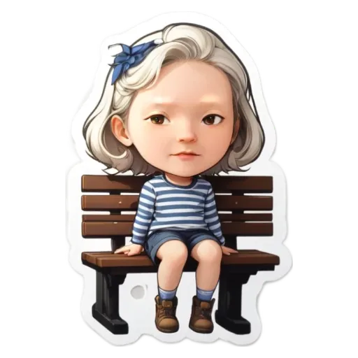 A sticker of a girl sitting on a bench.