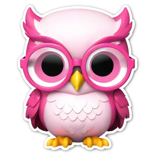A sticker of a pink owl with glasses.