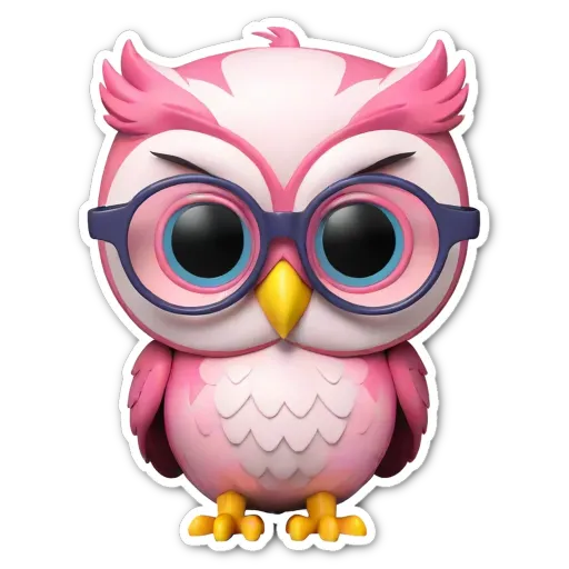 A cute pink and white owl that is wearing glasses.