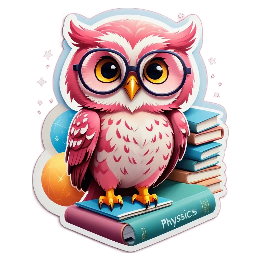 A cartoon owl wearing glasses standing on a stack of books with the title Physics.