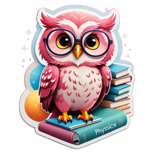A cartoon owl wearing glasses standing on a stack of books with the title Physics.