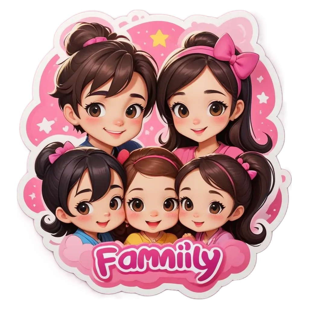 A cartoon image of 5 girls and a word that says Family.