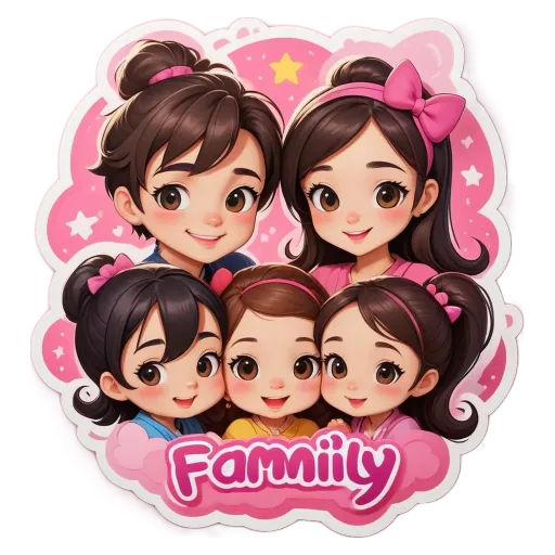 A cartoon image of 5 girls and a word that says Family.