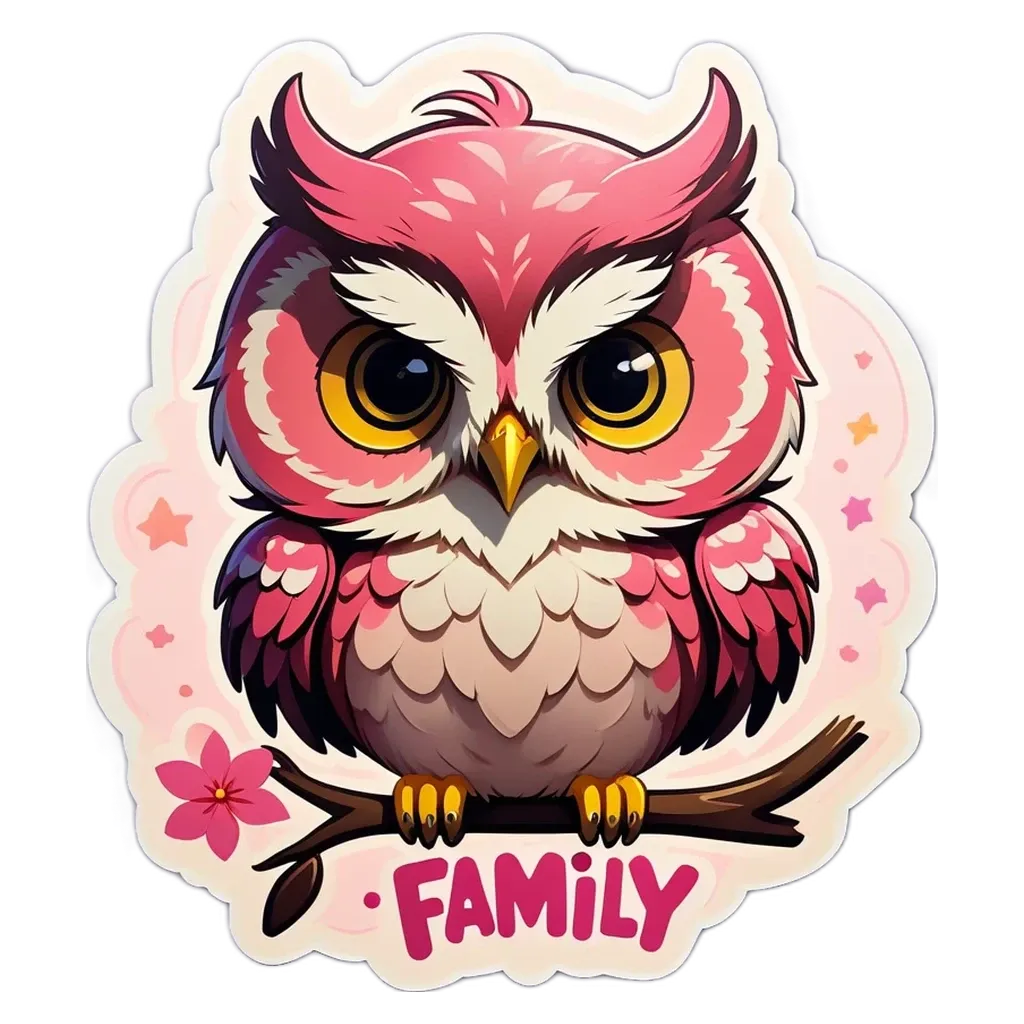 A cartoon owl that says family on it.