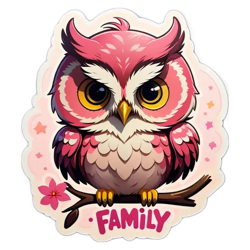 A cartoon owl that says family on it.