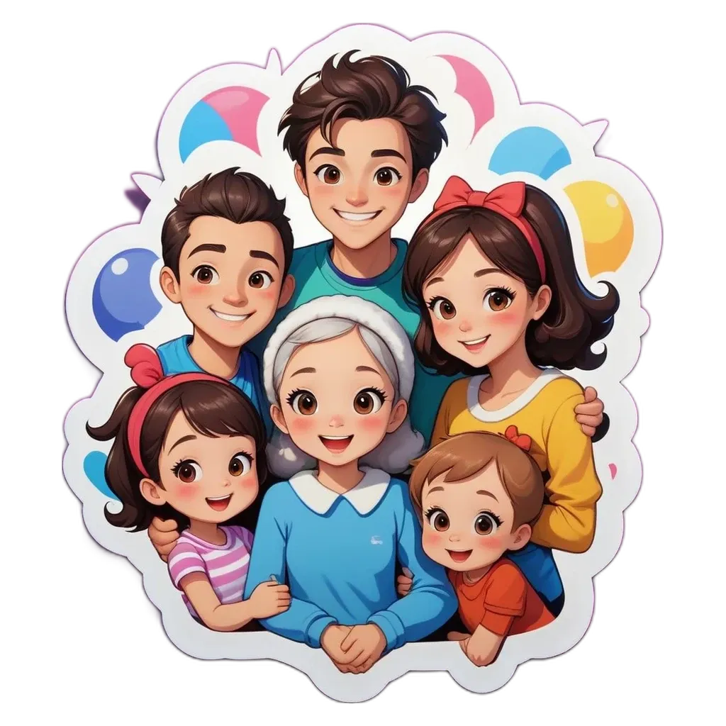 A sticker of a family with children and an elderly woman.