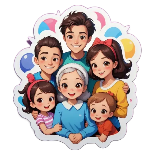 A sticker of a family with children and an elderly woman.