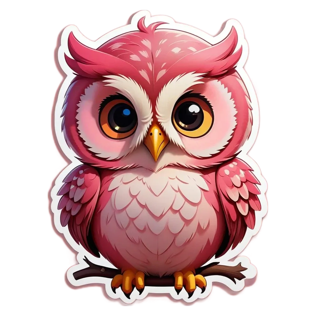 A cartoon owl with big eyes and a pink body.