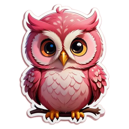 A cartoon owl with big eyes and a pink body.
