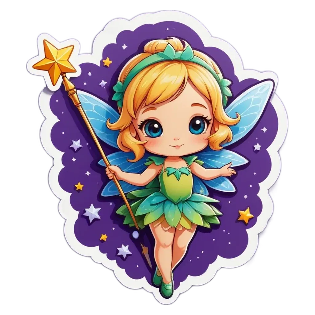 A cartoon drawing of a little girl with a wand that is blue and green.