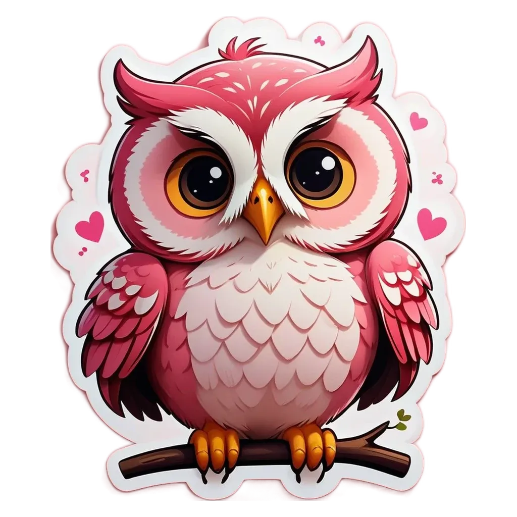 A cartoon owl sitting on a branch with hearts.