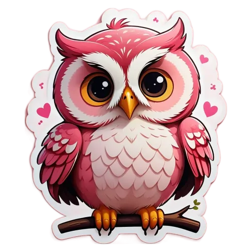 A cartoon owl sitting on a branch with hearts.