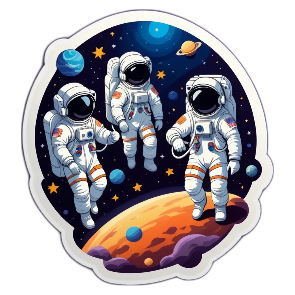 Three men in space wearing helmets and walking on the moon.