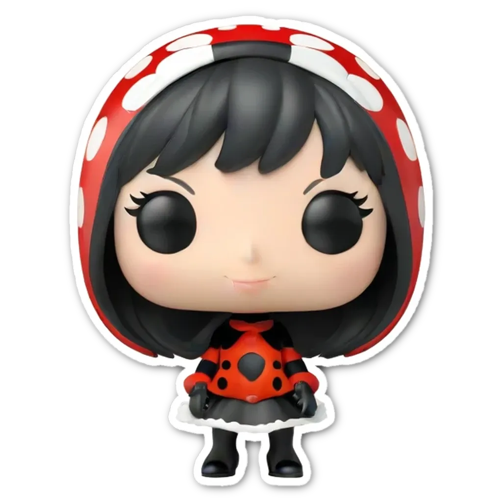 A sticker of a pop figure that is red and black.