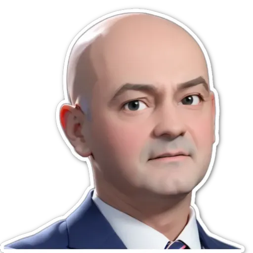 A sticker of a man with a blue suit and white tie.