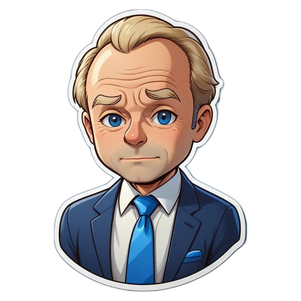 An cartoonish drawing of a man in a suit with blue tie.