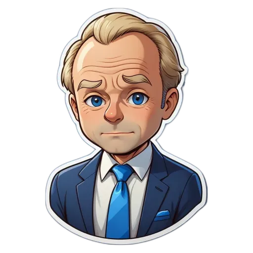 An cartoonish drawing of a man in a suit with blue tie.