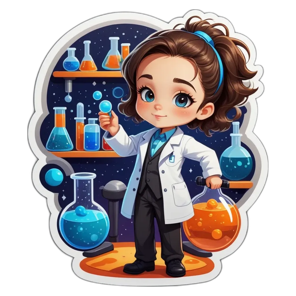 A cartoon image of a women who is a scientist holding a bubble.