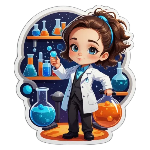 A cartoon image of a women who is a scientist holding a bubble.