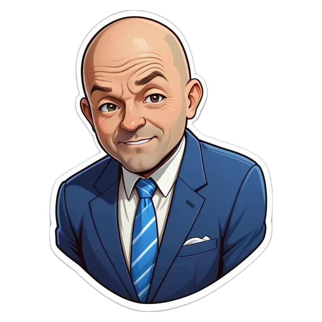 A cartoon drawing of a man in a suit with a blue tie.