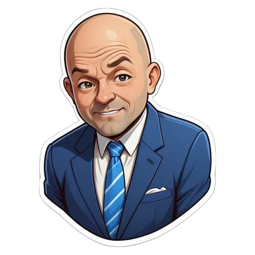 A cartoon drawing of a man in a suit with a blue tie.