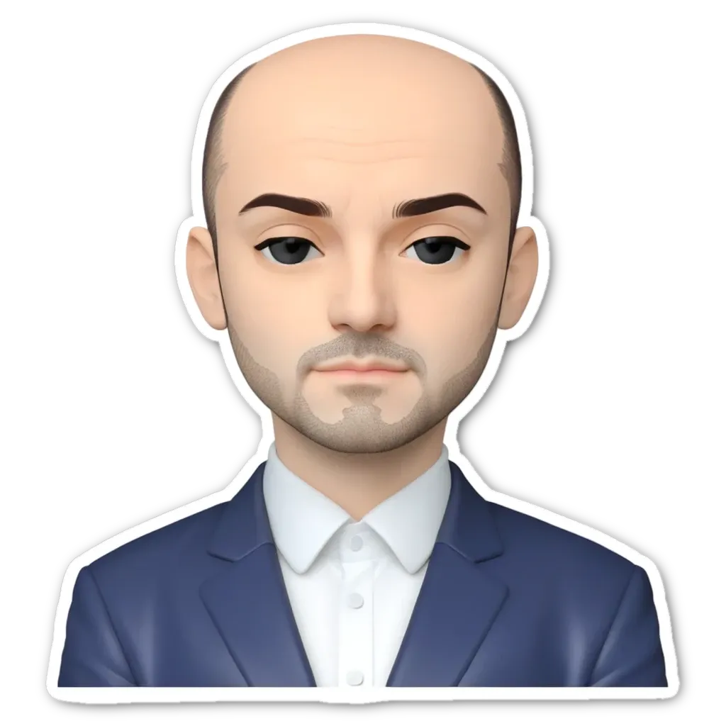 A sticker of a man with a beard and a blue suit.
