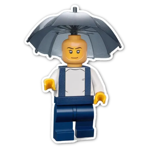 A lego boy holding a umbrella is standing on a black background.