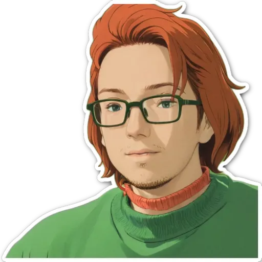 A redhead with glasses wearing a green sweater and a red collar.
