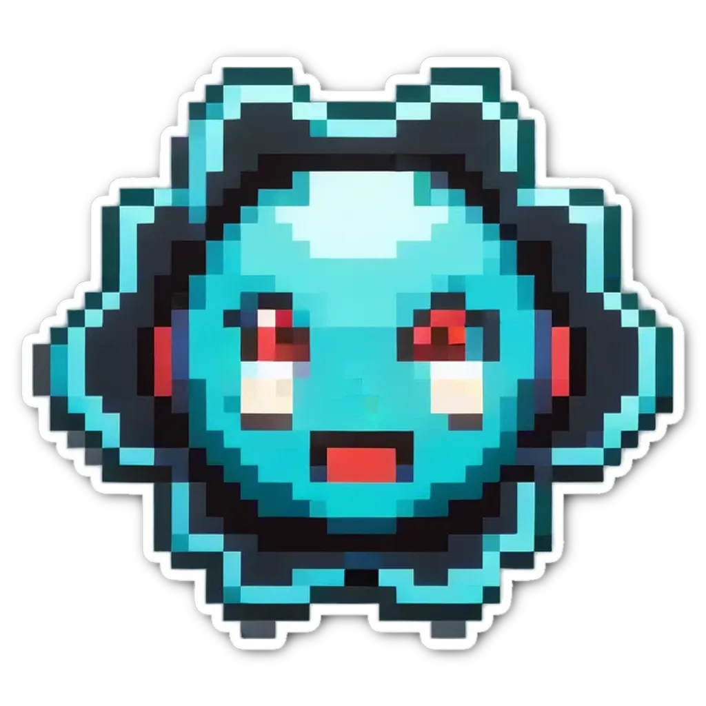A very brief description of a blue robot sticker that is upset.
