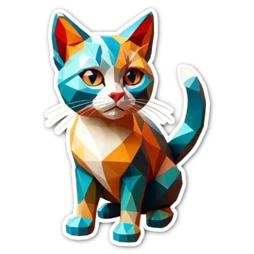 A cat in a polygonal shape sticker in red, blue and orange.