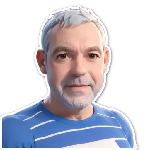 A white man with blue and white hair wearing a blue and white striped shirt.