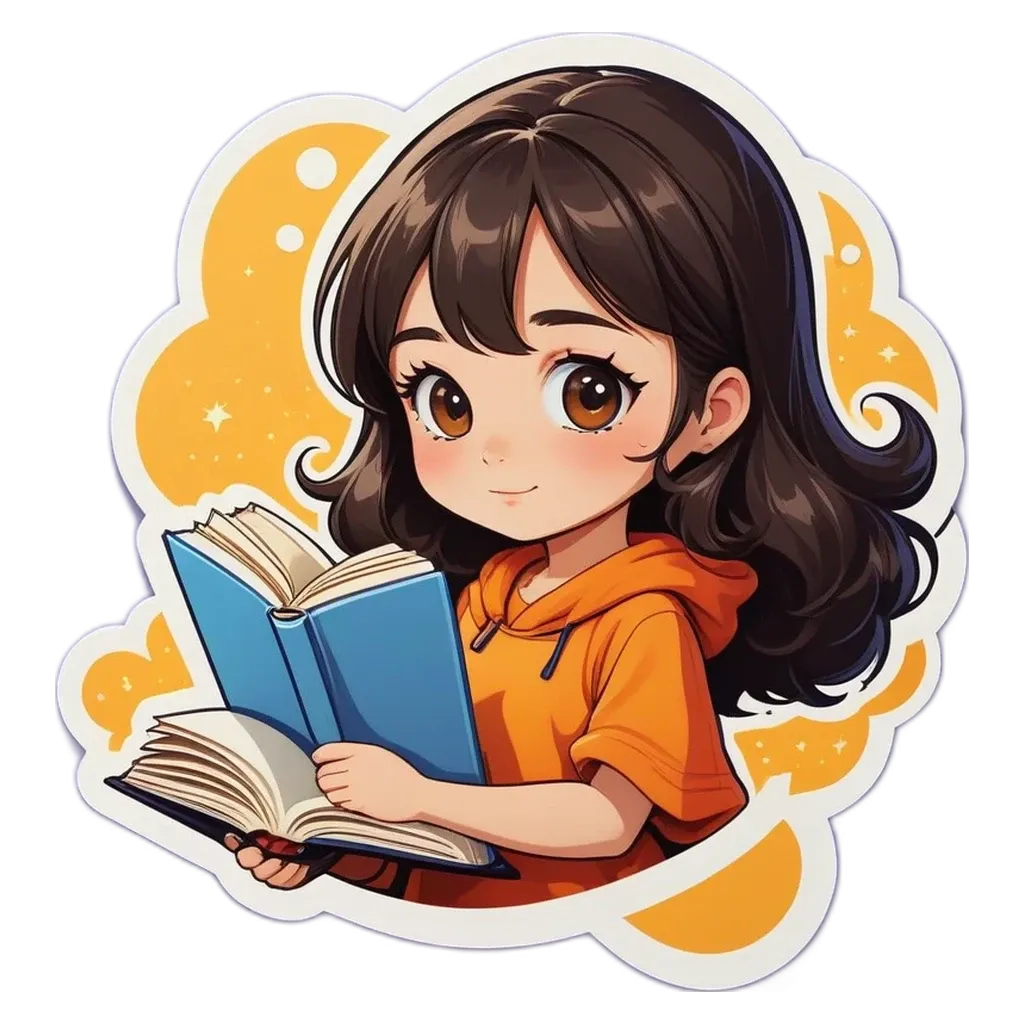 A girl reading a book with a sticker that has a picture of her.