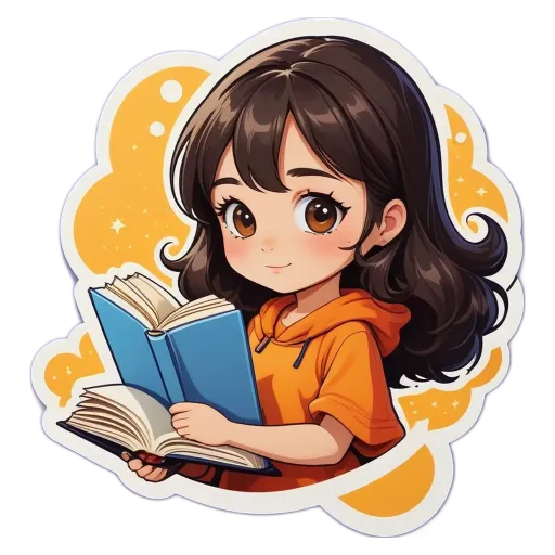 A girl reading a book with a sticker that has a picture of her.