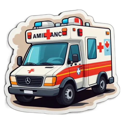 A sticker of an ambulance with red and blue lights on top.