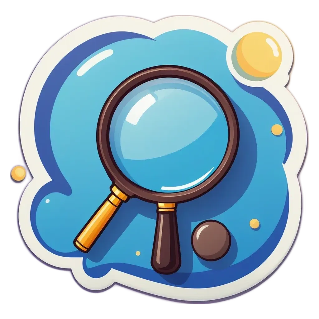 An image of a magnifying glass with two balls around the perimeter.