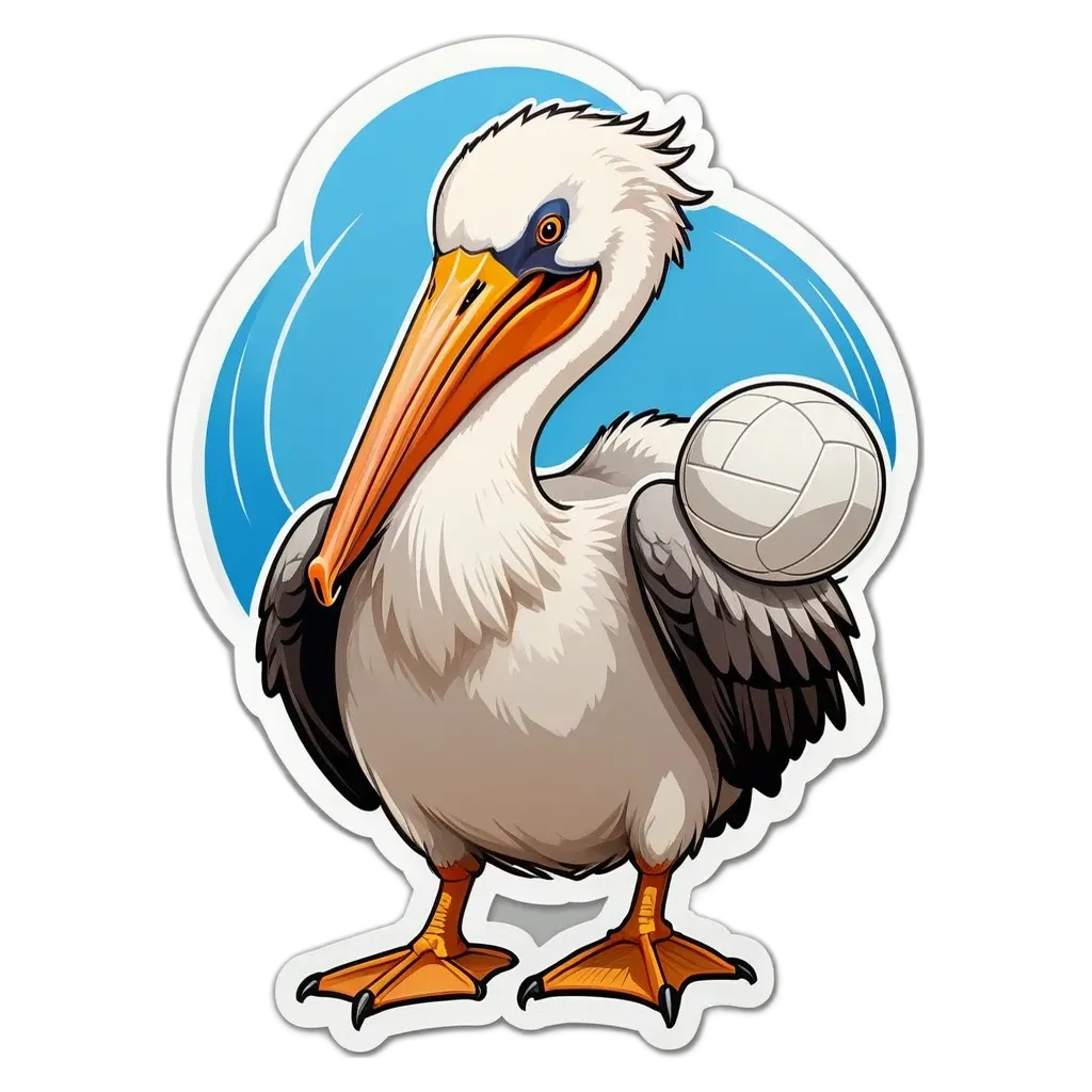 A cartoon picture of a pelican holding a volleyball.