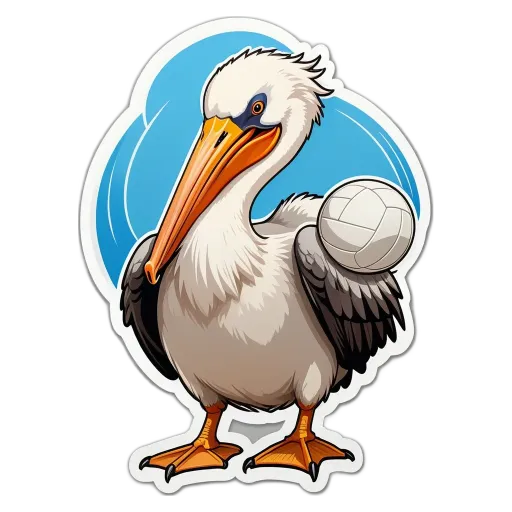 A cartoon picture of a pelican holding a volleyball.