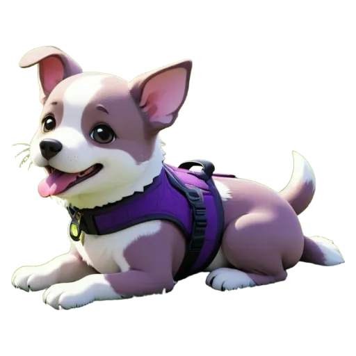 A cartoon dog wearing a purple harness.