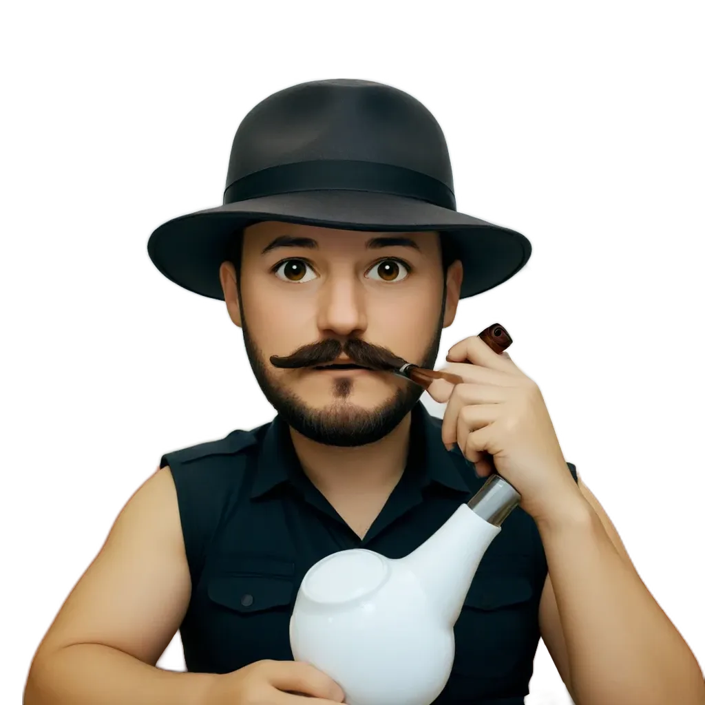 A man with a mustache is holding a pipe.