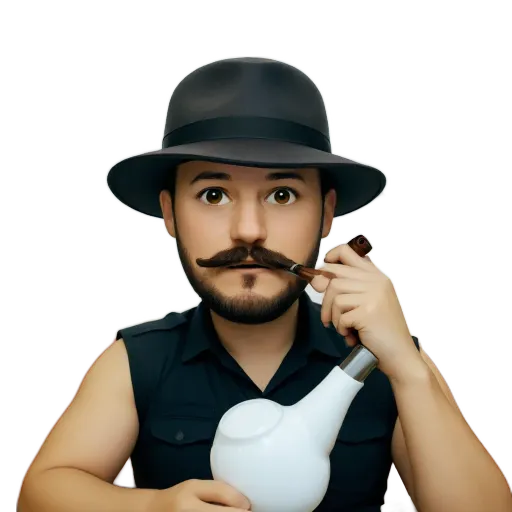 A man with a mustache is holding a pipe.
