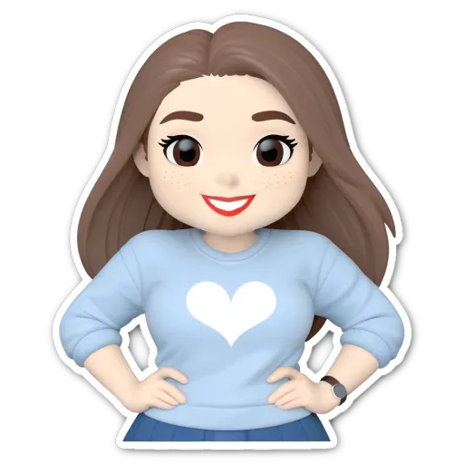 A sticker of a girl that has a heart on her shirt.