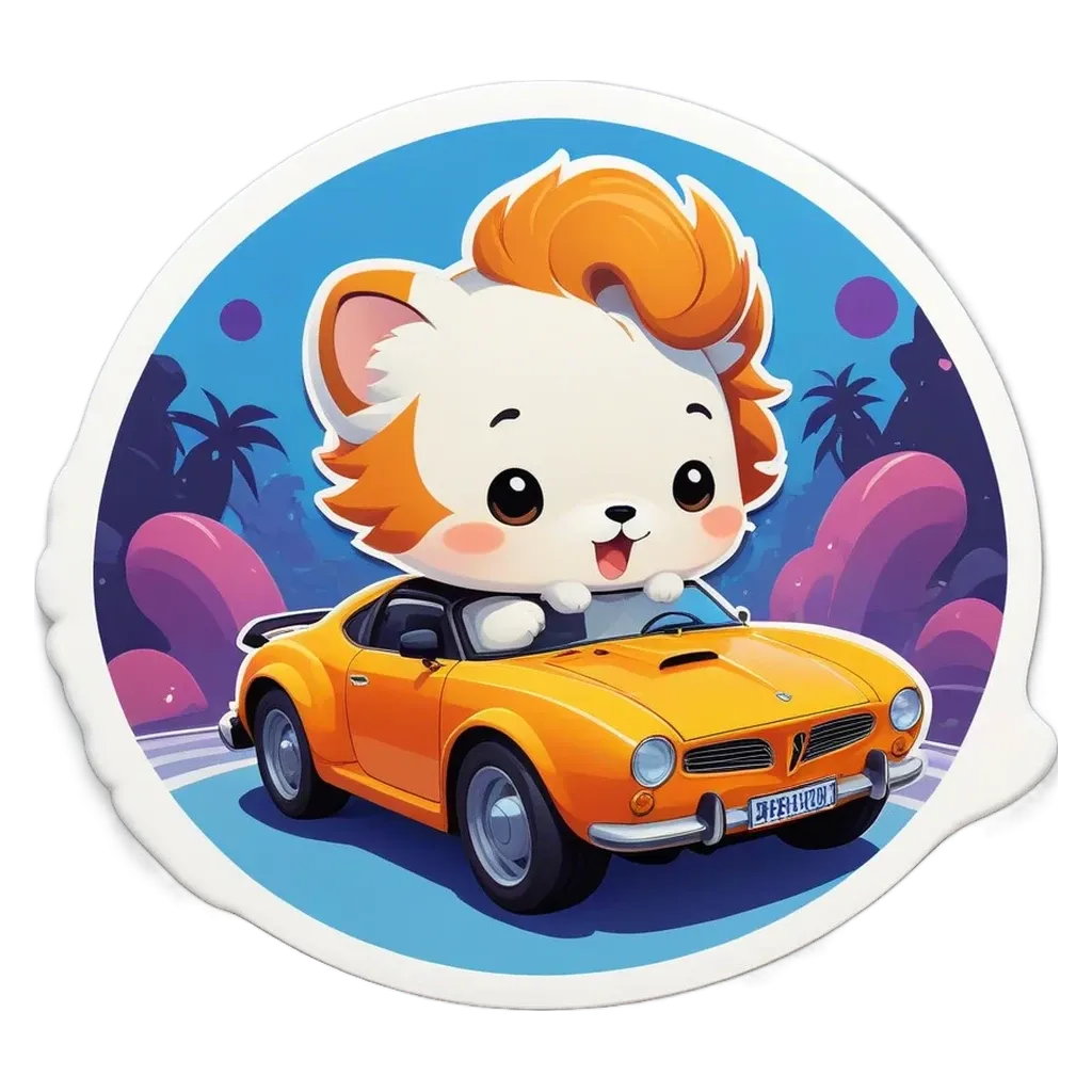 A cat with orange fur driving a car on a race track.