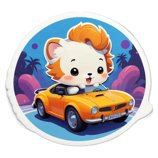 A cat with orange fur driving a car on a race track.