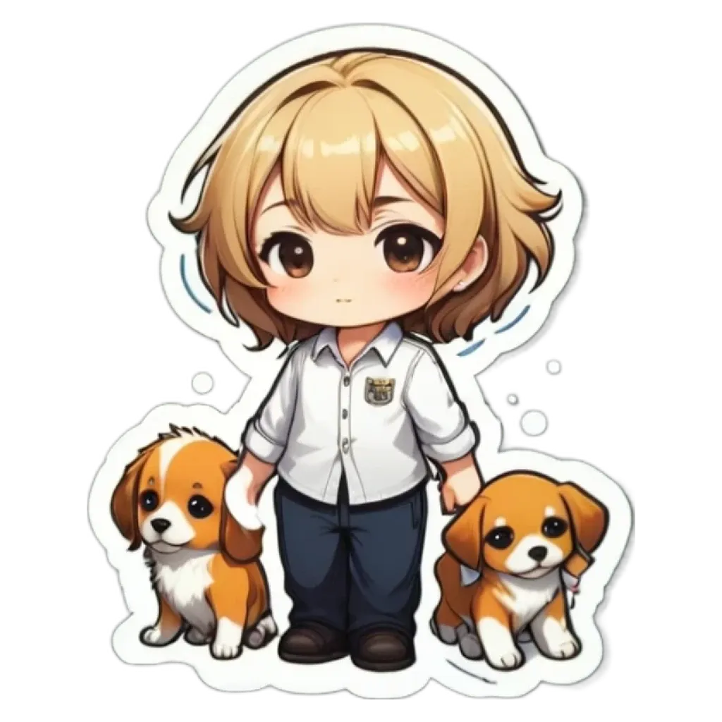 A girl is holding two dogs in a cartoon style.