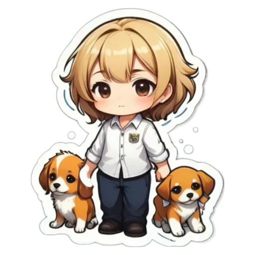 A girl is holding two dogs in a cartoon style.