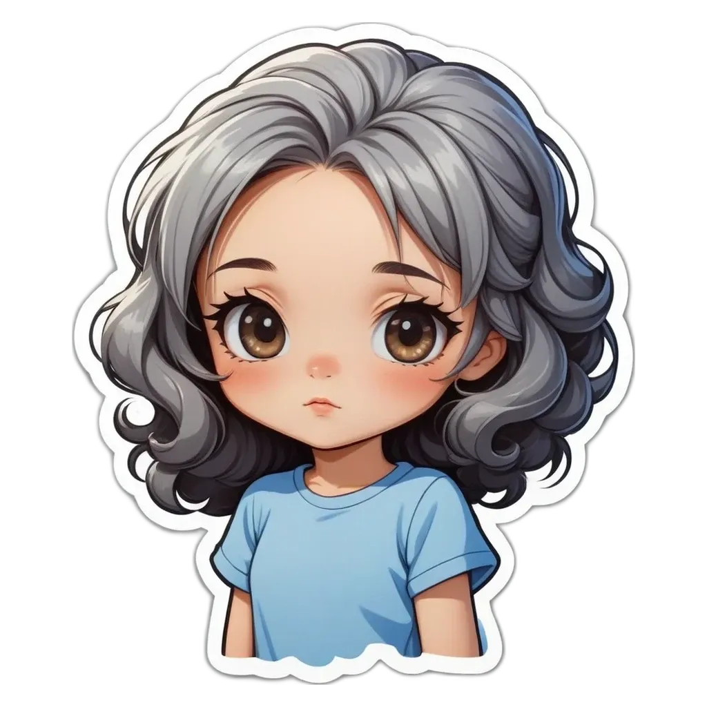 A girl with a blue shirt and gray hair.