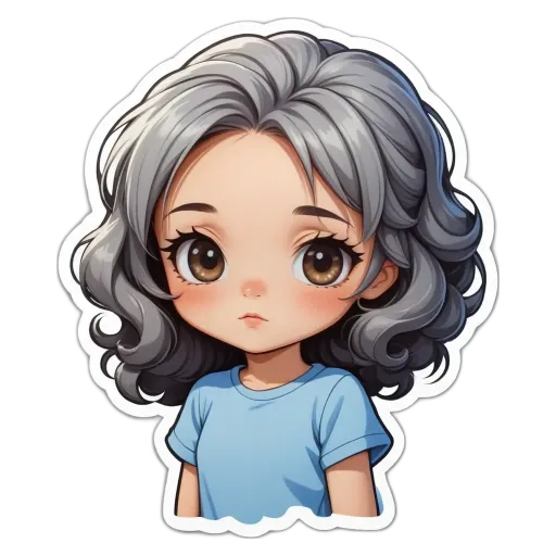 A girl with a blue shirt and gray hair.