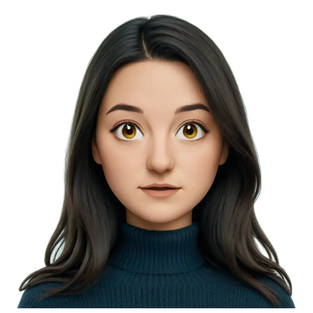 A girl with a blue sweater and long hair.