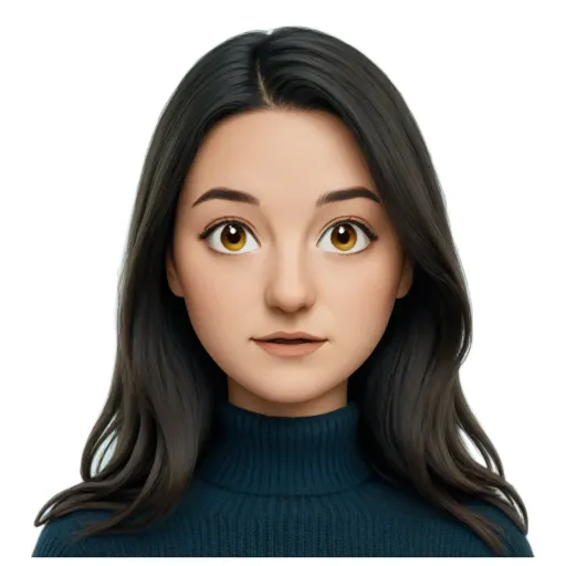 A girl with a blue sweater and long hair.